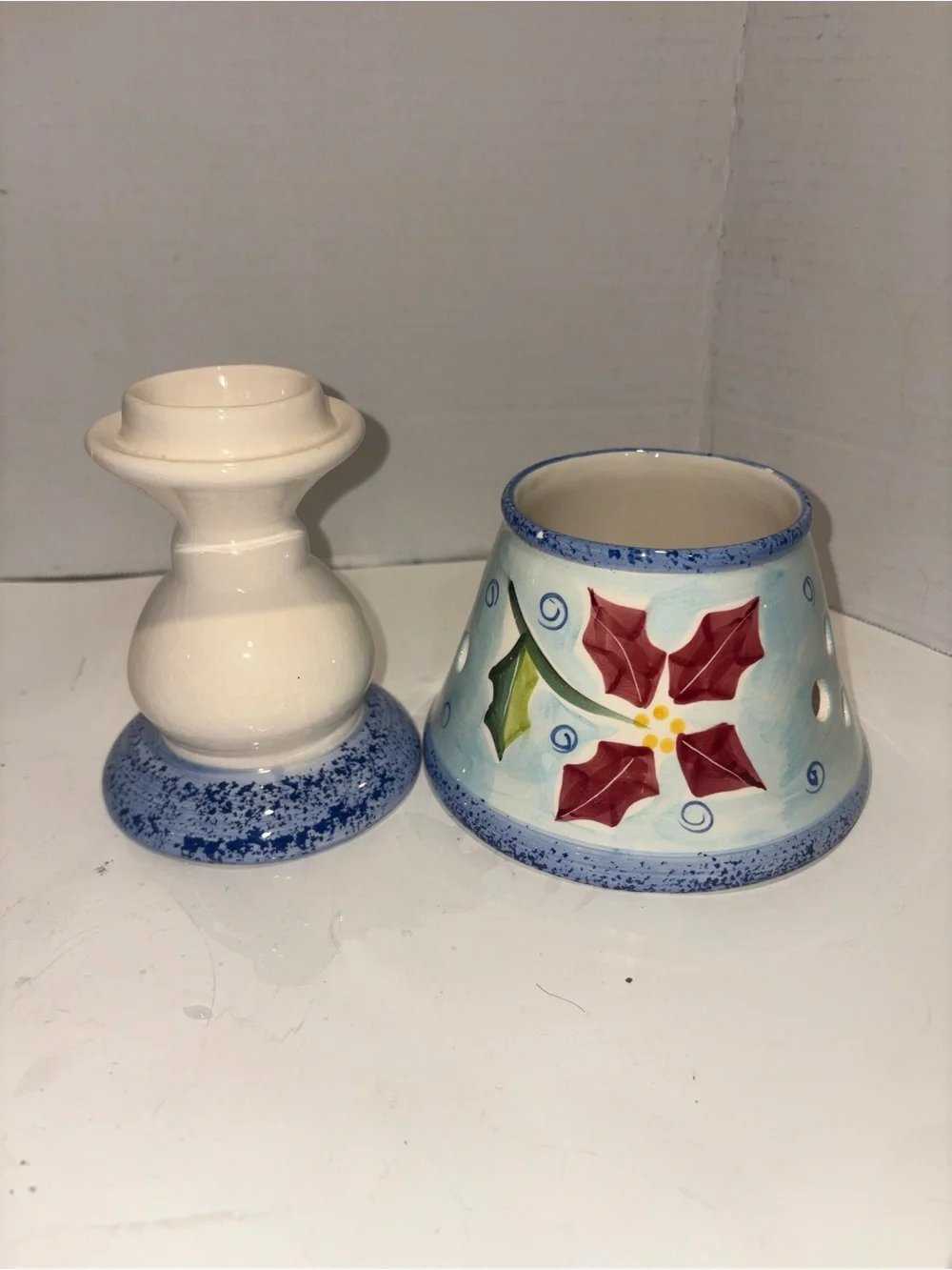 Hand-Painted Floral Ceramic Candle Holder- Blue and Red- Christmas